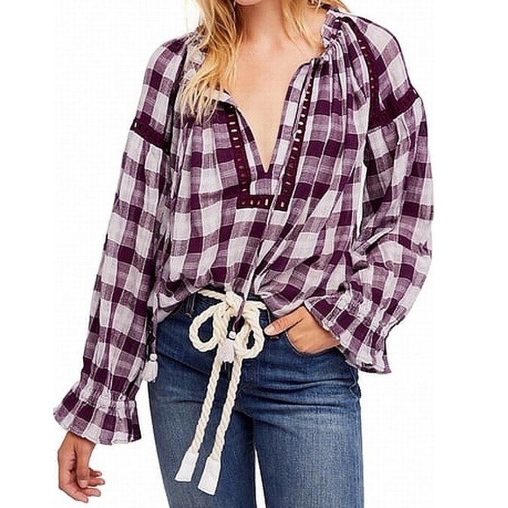 Free People XS Purple Gingham Plaid Peasant Boho Crop Top Tassel Tie Cotton
